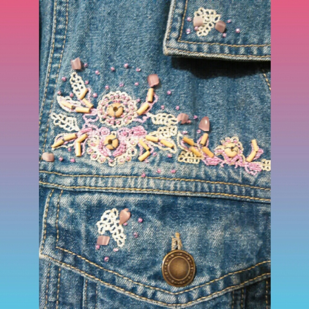 Denim & Co Lace Embellished Jean Jacket M Cottagecore